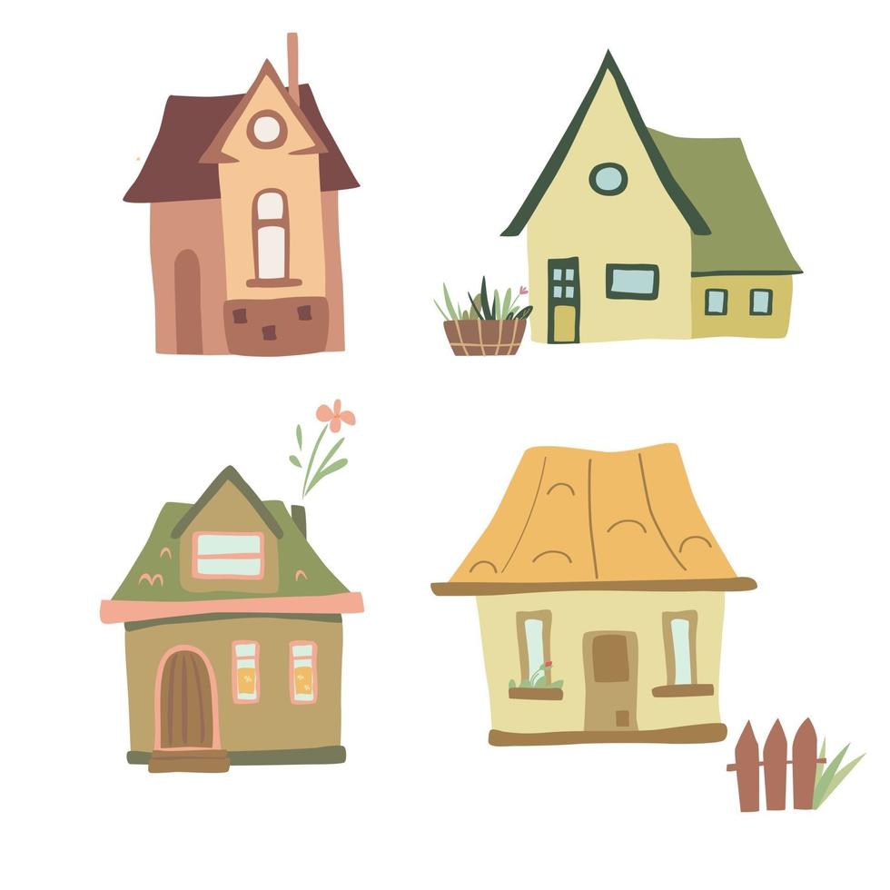 Satz von vier bunten gemütlichen Häusern in einem lustigen Karikaturstil-Grafikdesignelement lustige Vektorillustration auf weißem lokalisiertem Hintergrund vektor