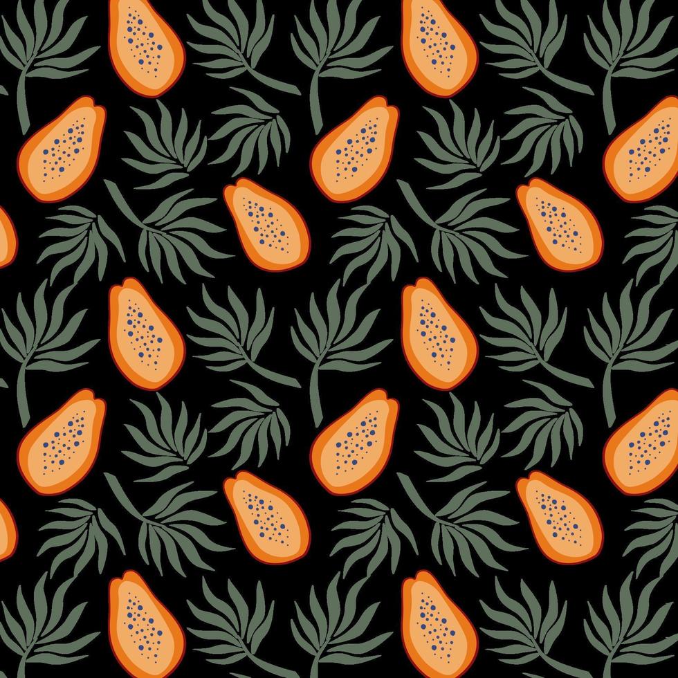 Hand gezeichnetes nahtloses Muster mit Papayas und Palmblättern bringen Vektorillustrationsvektorwiederholungshintergrund für bunten Sommerstoff vektor