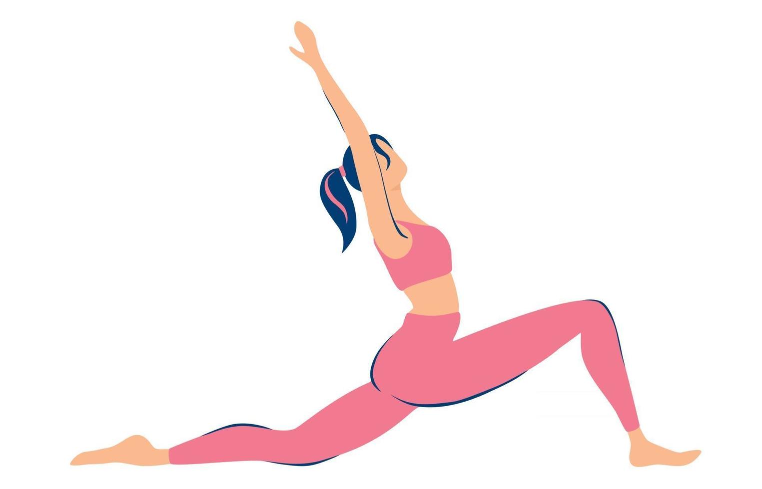 Frau macht Yoga Virabhadrasana Pose Illustrationen für Beauty Spa Wellness Naturprodukte Kosmetik Körperpflege Fitness isoliert auf weißem Hintergrund flache Illustration vektor