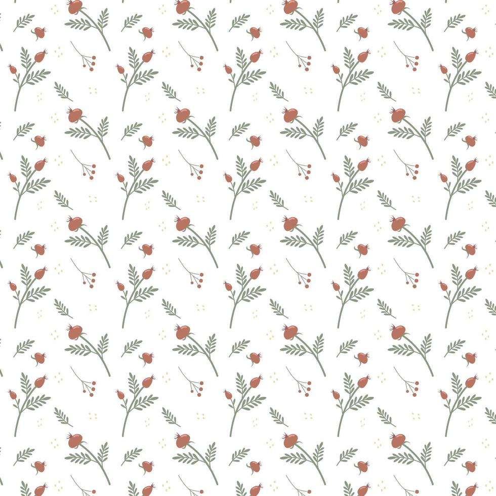 Blumen nahtloses Muster mit Dogrose und Hagebutten Vektor-Illustration einfachen Hintergrund von Blumen für Stoff wickelt Tapetenpapier isoliert weißen Hintergrund vektor