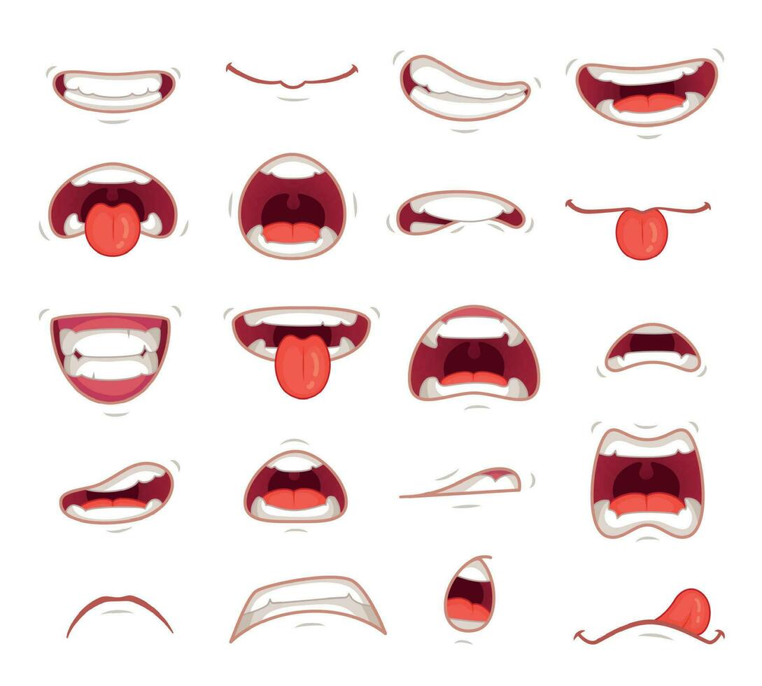 tecknad serie munnar. ansiktsbehandling uttryck överraskad mun med tänder chock skrikande leende och bitande läpp vektor illustration