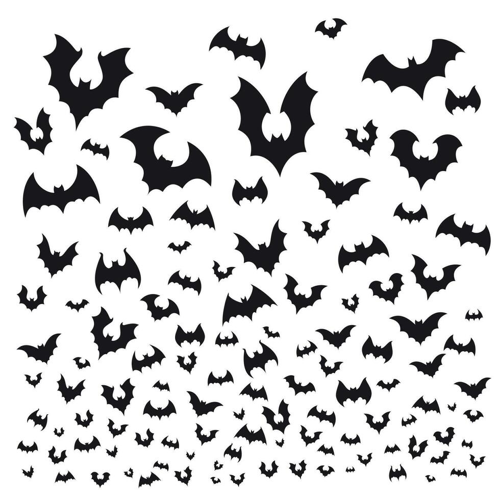 fliegend Halloween Schläger. Höhle Fledermäuse Herde Silhouette fliegen beim Himmel. unheimlich Vampir Flitzermaus Vektor Hintergrund Illustration