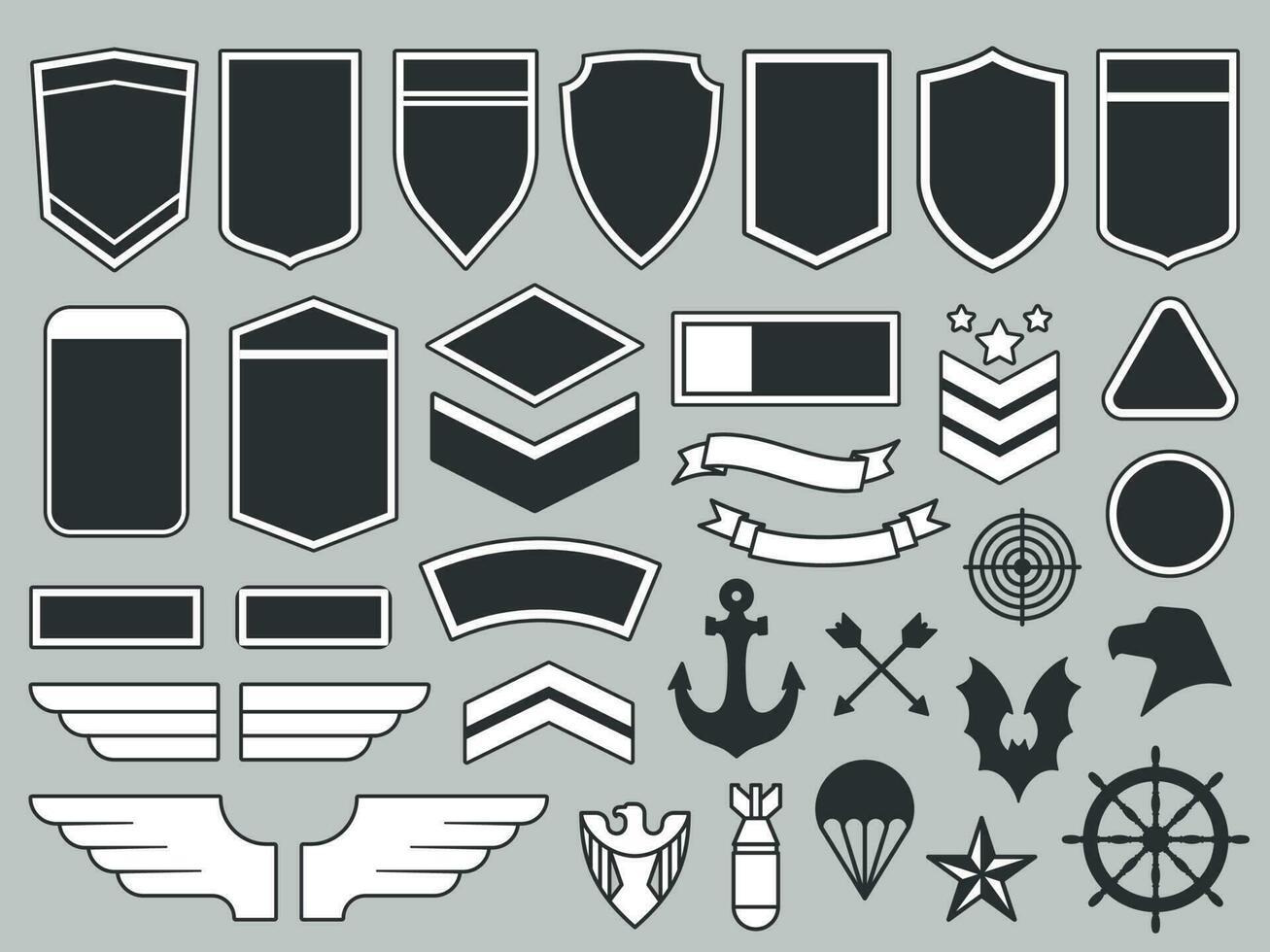 Militär- Flecken. Heer Soldat Emblem, Truppen Abzeichen und Luft Macht Insignien Patch Design Elemente Vektor einstellen