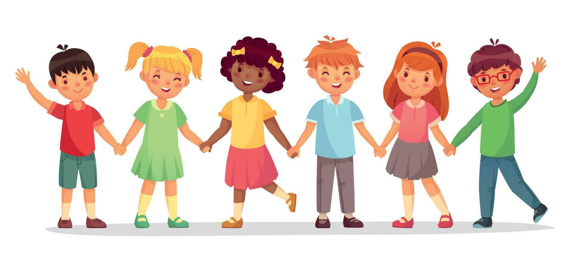 Lycklig barn team. multinationell barns, skola flickor och Pojkar stå tillsammans innehav händer isolerat vektor illustration