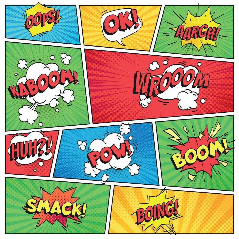 Comics Buchseite. Comic Buch Gitter rahmen, komisch Hoppla bam klatschen Text Rede Luftblasen auf Farbe Streifen Hintergrund Vektor Layout Vorlage
