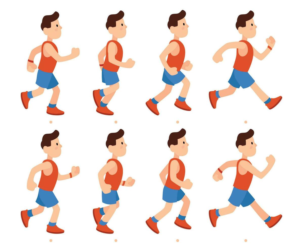 platt löpning man. atletisk pojke springa animering ramar sekvens. löpare manlig i träningsoverall, ben animationer tecknad serie vektor illustration