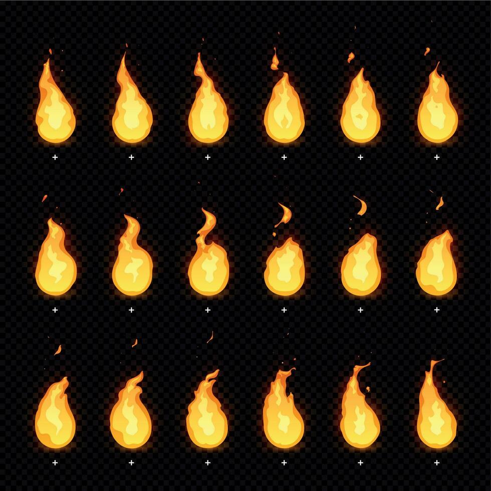 Feuer Animation. flammend Flamme, feurig Flamme und animiert lodernd Feuer Flammen isoliert Vektor Animationen Frames