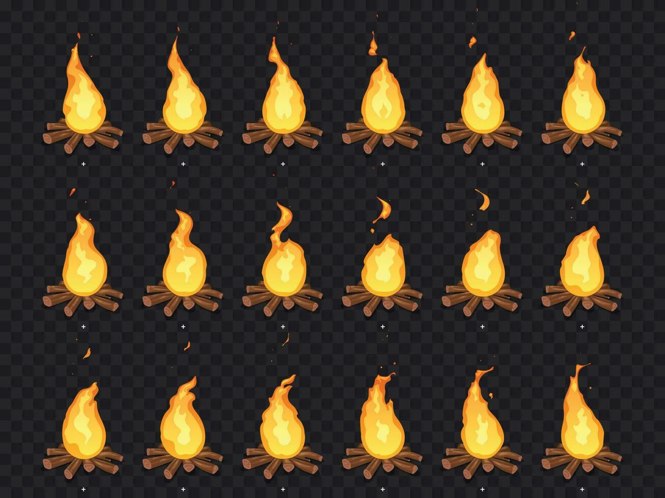 Verbrennung Lagerfeuer Animation. heiß Feuer, draussen Lagerfeuer und Lagerfeuer Karikatur Vektor isoliert Sprites Frames