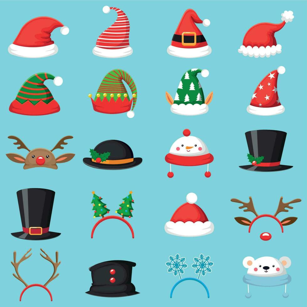 tecknad serie jul hatt. xmas annorlunda hattar, vinter- maskerad masker. älvor öron, rådjur horn och snögubbe mask vektor uppsättning