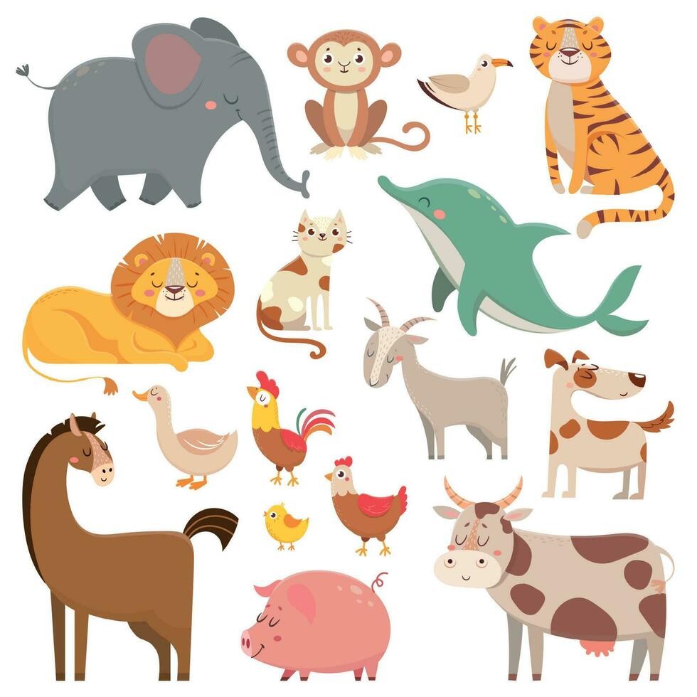 Kind Cartoons Elefant, Möwe, Delfin, wild Tier. Haustier, Bauernhof und Urwald Tiere Vektor Karikatur Illustration Sammlung