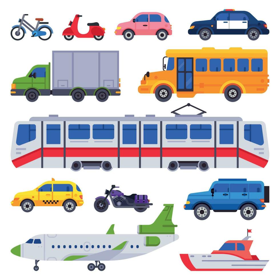 offentlig transport. taxi bil fordon, stad tåg och urban transportör isolerat bilar vektor samling