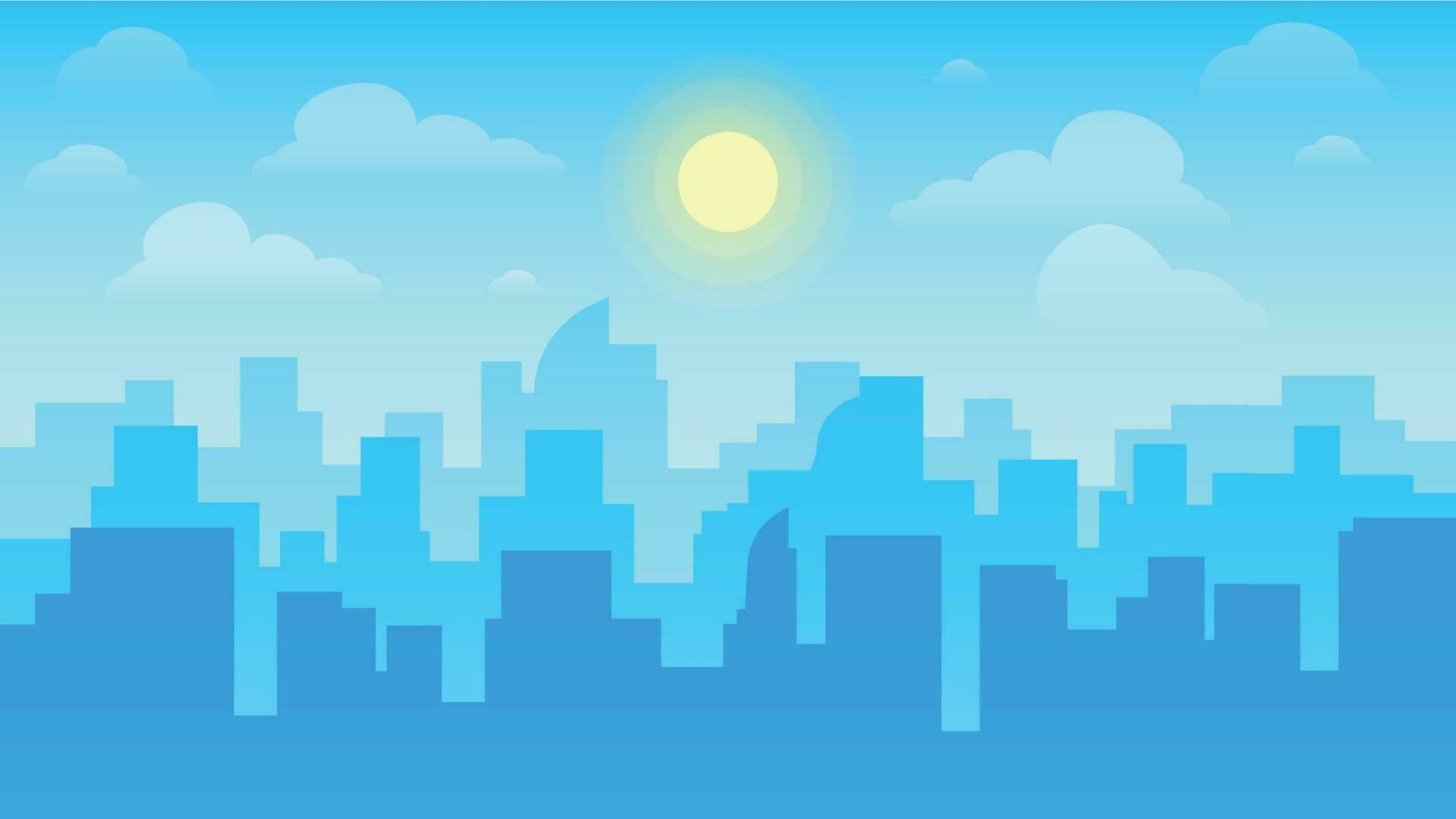 städtisch Stadtbild. Stadt die Architektur, Wolkenkratzer Gebäude und Stadt, Dorf Landschaft mit Sonne auf wolkig Himmel Vektor Hintergrund Illustration