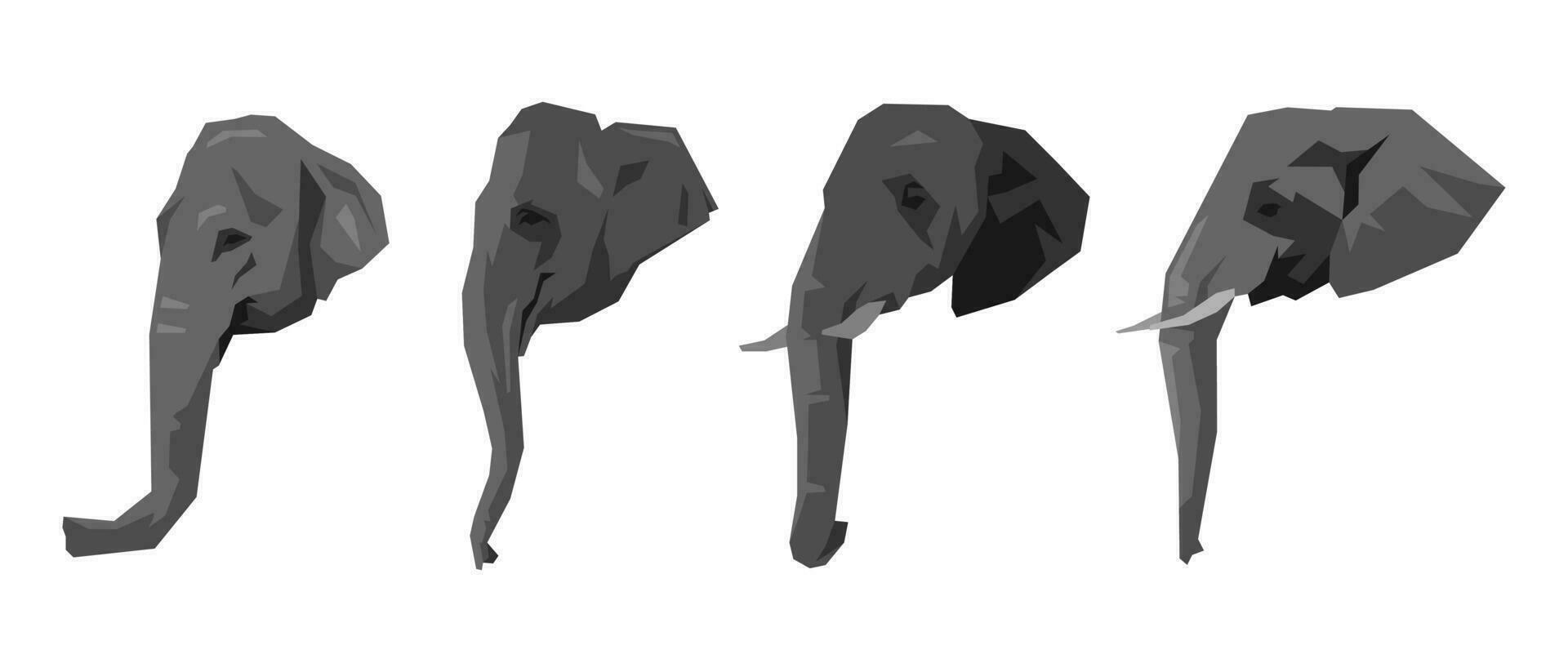 uppsättning samling av elefant huvuden sida se. annorlunda typer, storlekar, åldrar, vinklar. tecknad serie platt vektor illustration.