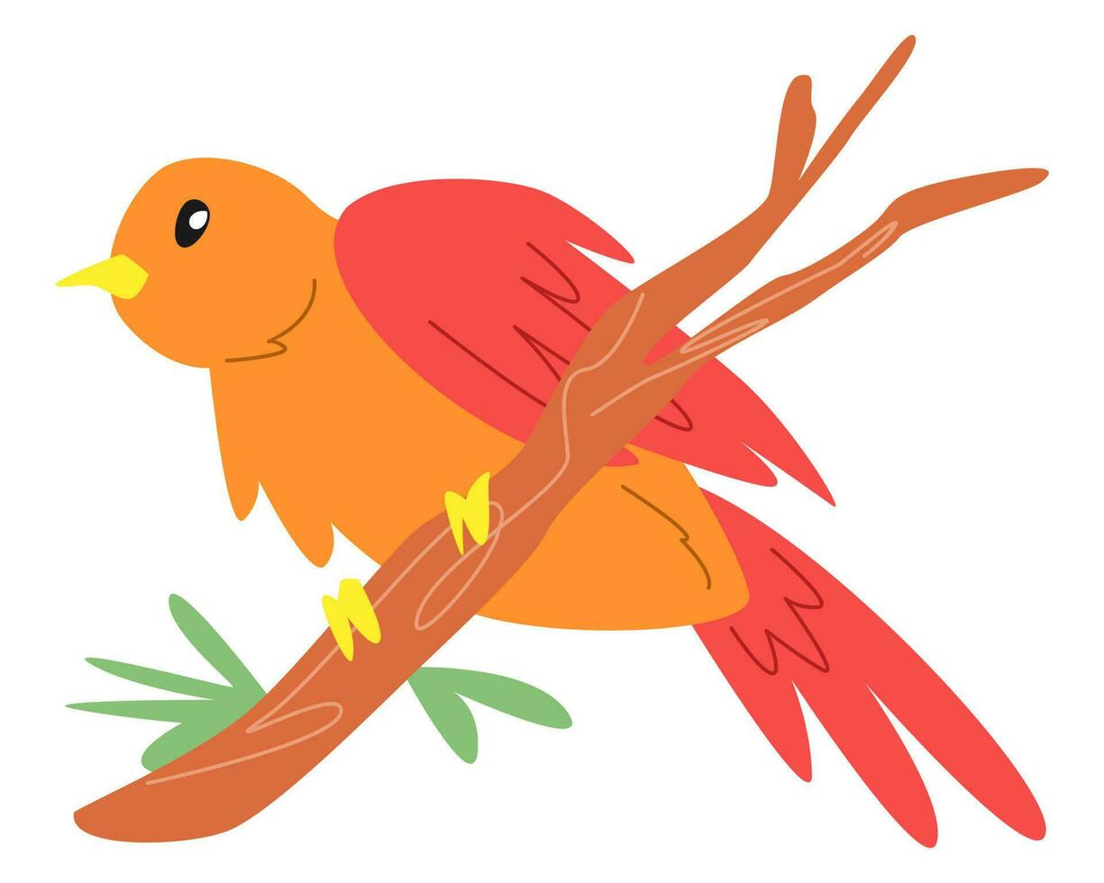 orange tecknad serie fågel uppflugen på en träd gren. lämplig för barns bok illustration, skriva ut, affisch, klistermärke. tecknad serie platt vektor illustration.