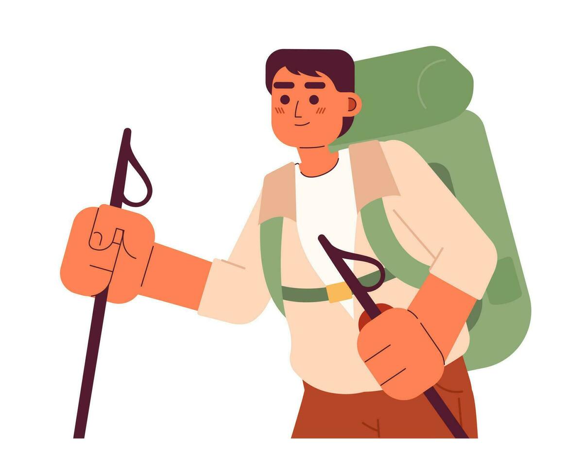 backpacker trekker med gående poler platt vektor tecknad serie karaktär. asiatisk manlig bergsbo klättrare fläck illustration. halv kropp person isolerat på vit. redigerbar 2d enkel teckning, grafisk design