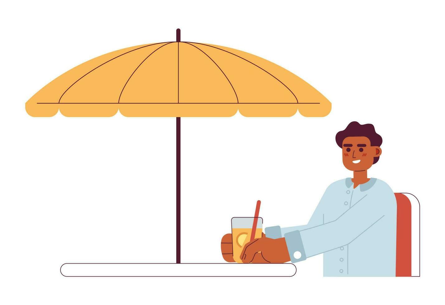 afrikansk amerikan ung man med soda dryck Sammanträde under paraply platt vektor tecknad serie karaktär. fläck illustration. halv kropp person isolerat på vit. redigerbar 2d enkel teckning, grafisk design