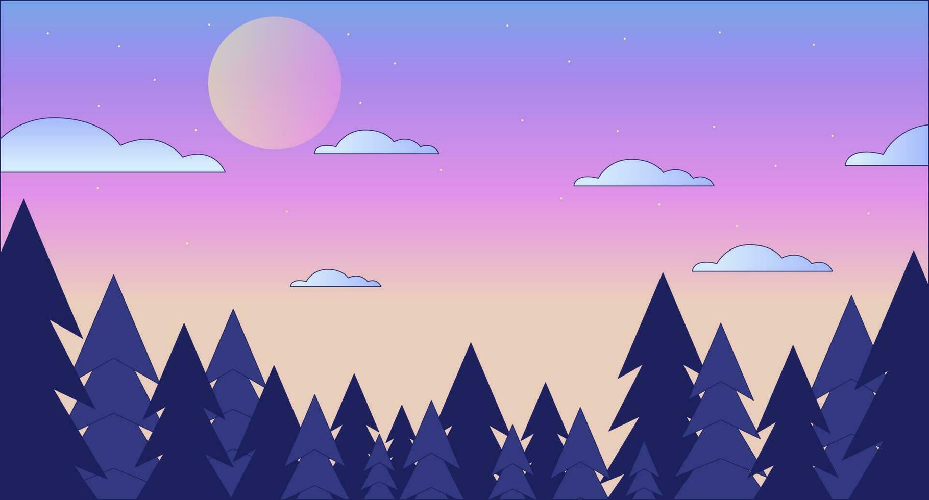 skymning skog horisont lo fi kyla tapet. skymning himmel stjärnor. solnedgång skönhet i natur 2d vektor tecknad serie landskap illustration, vaporwave bakgrund. 80s retro album konst, synthwave estetik