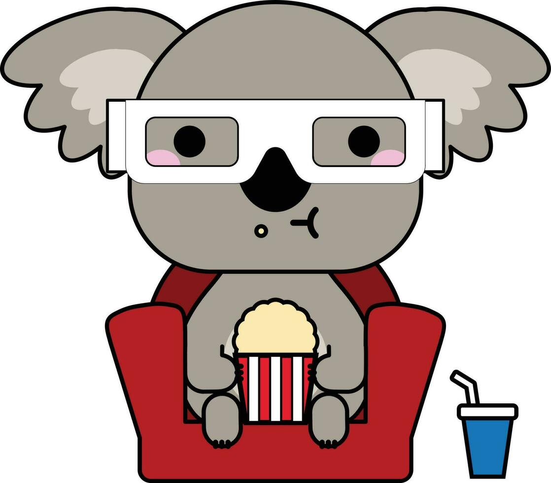 söt koala med 3d glasögon och popcorn vektor illustration design