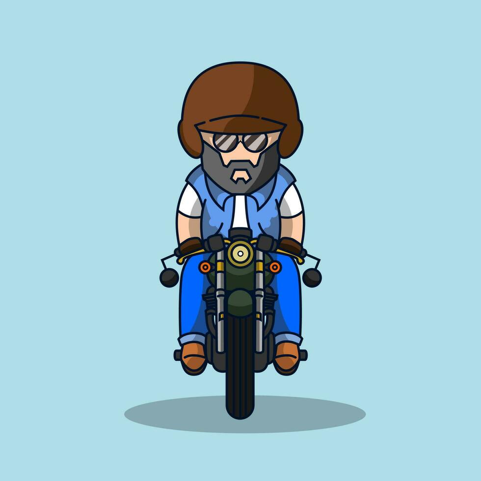 süß alt Fahrer Reiten ein Grün Motorrad Vektor Illustration.