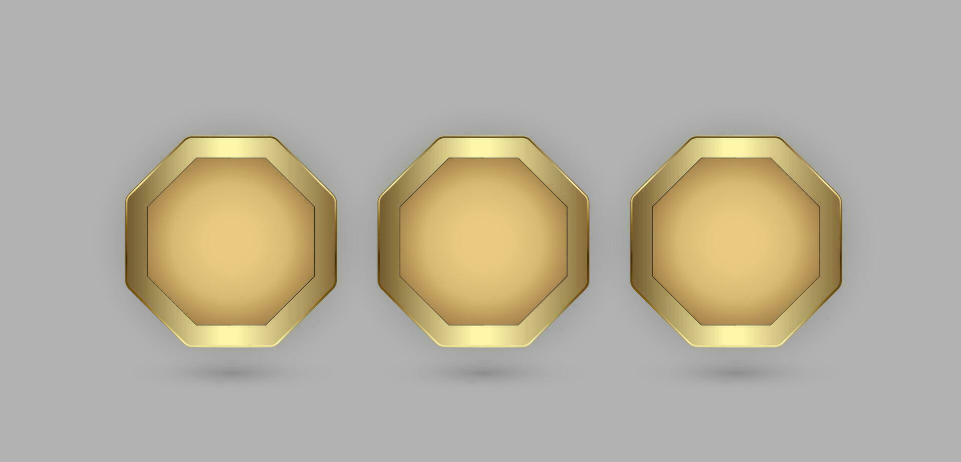 tre sexhörning knappar i 3d tallrik form med gyllene ram vektor illustration mönster