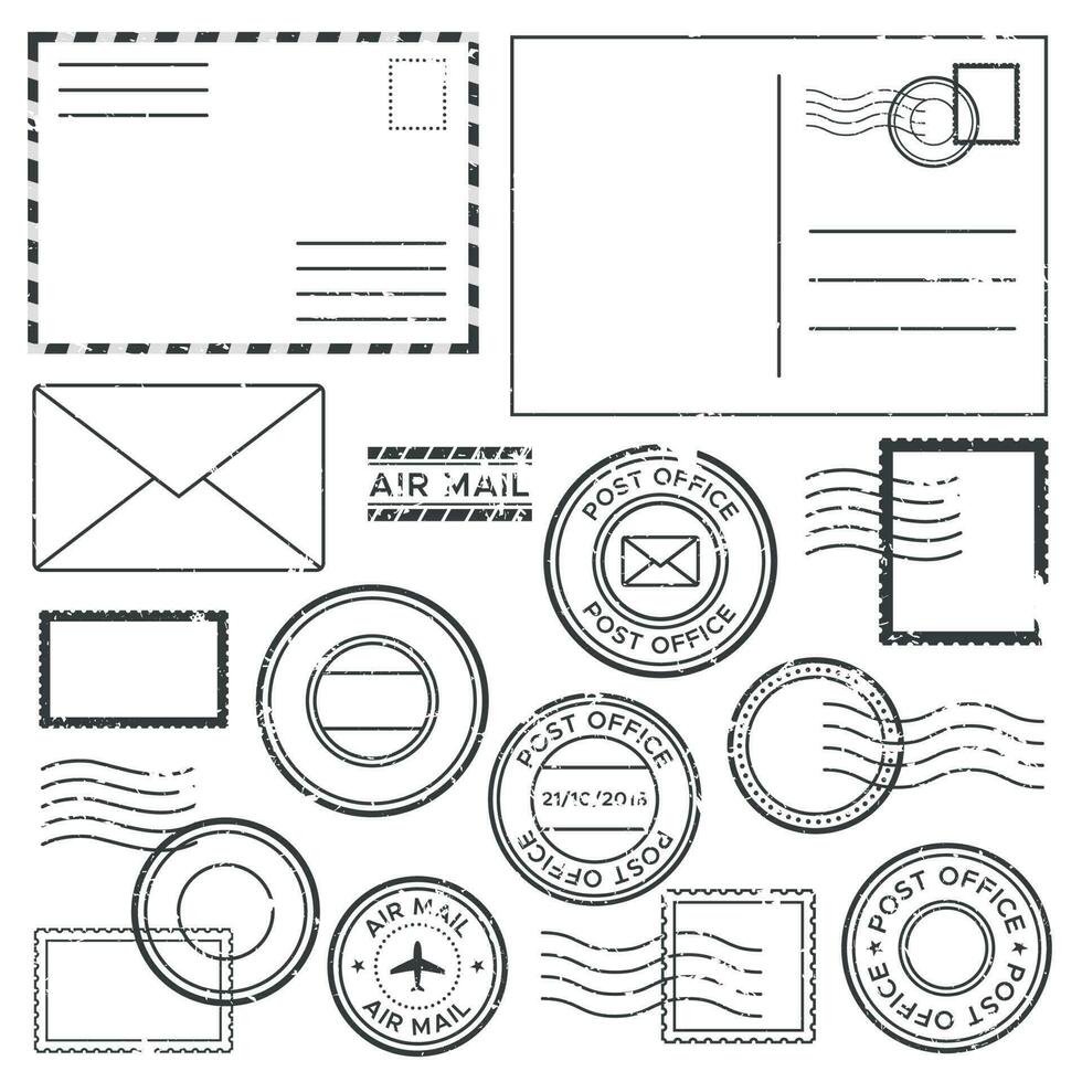 alt Post- Brief mit Stempel Briefmarken. Antiquität Luftpost Briefe mit Flugzeug Rand markieren, Mail Briefmarke Etikette und Post Tinte Gütesiegel Vektor einstellen