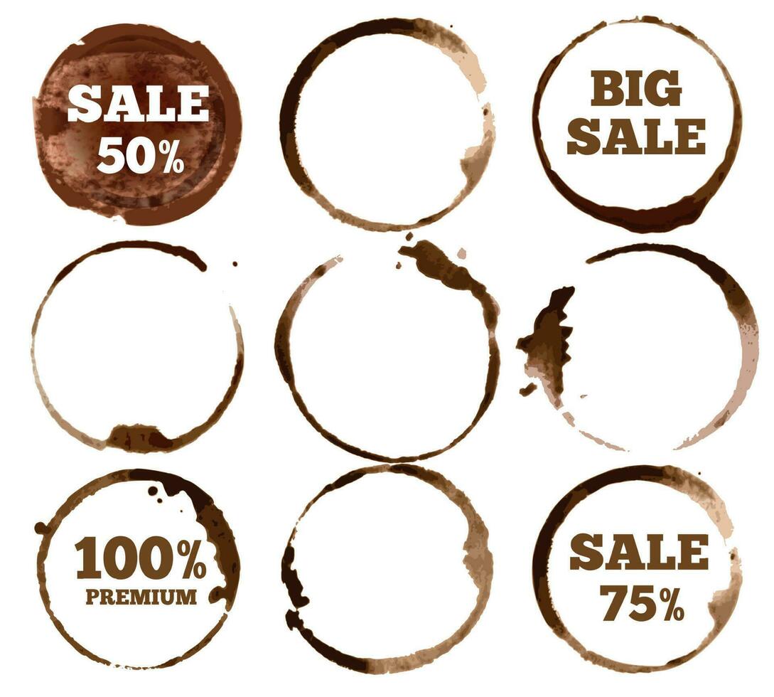 Kaffee Etiketten. Aquarell schmutzig Ring beflecken Logo. Vektor Illustration einstellen