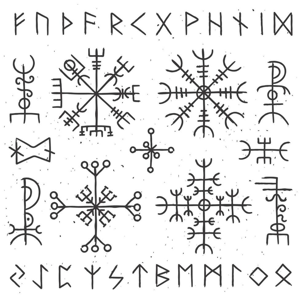 mystisch Wikinger Runen. uralt heidnisch Talisman, nordisch Rune Symbol. Mystik Scheu Vektor Symbole