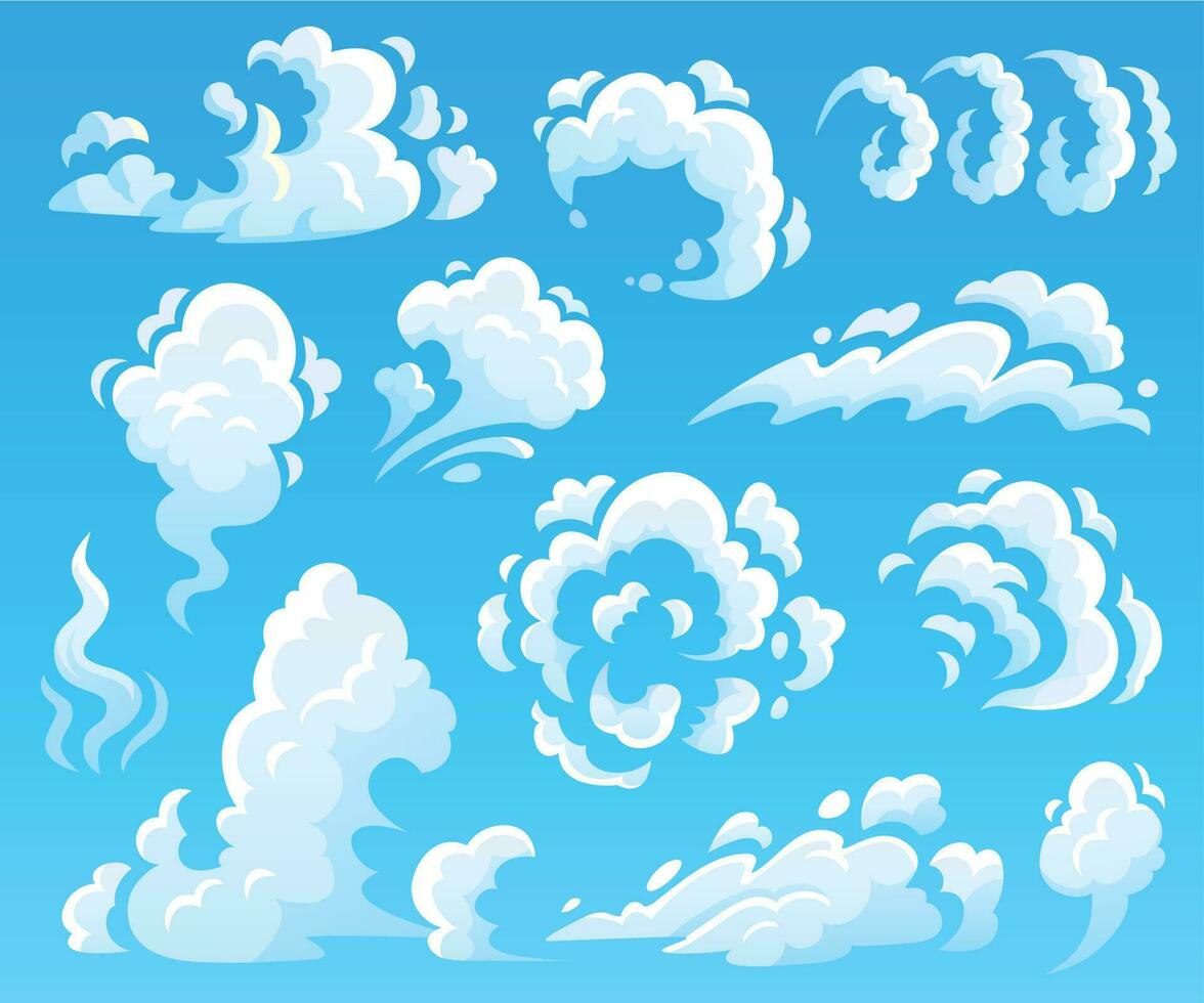 Karikatur Wolken und Rauch. Staub Wolke, schnell Aktion Symbole. Himmel Vektor isoliert Illustration Sammlung