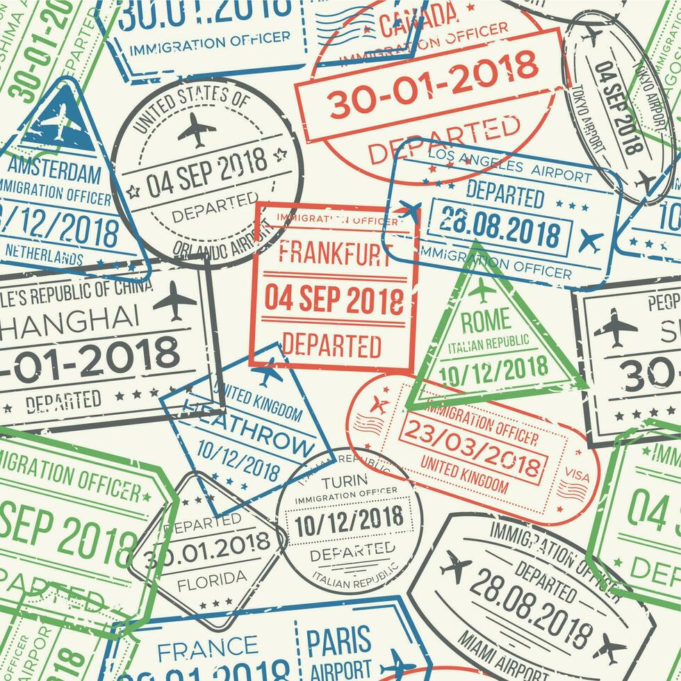 Reise Visa Flughafen Briefmarken nahtlos Muster. Reisen dokumentieren, Schraubstock oder Reisepass Gummi Briefmarke Muster Vektor Hintergrund