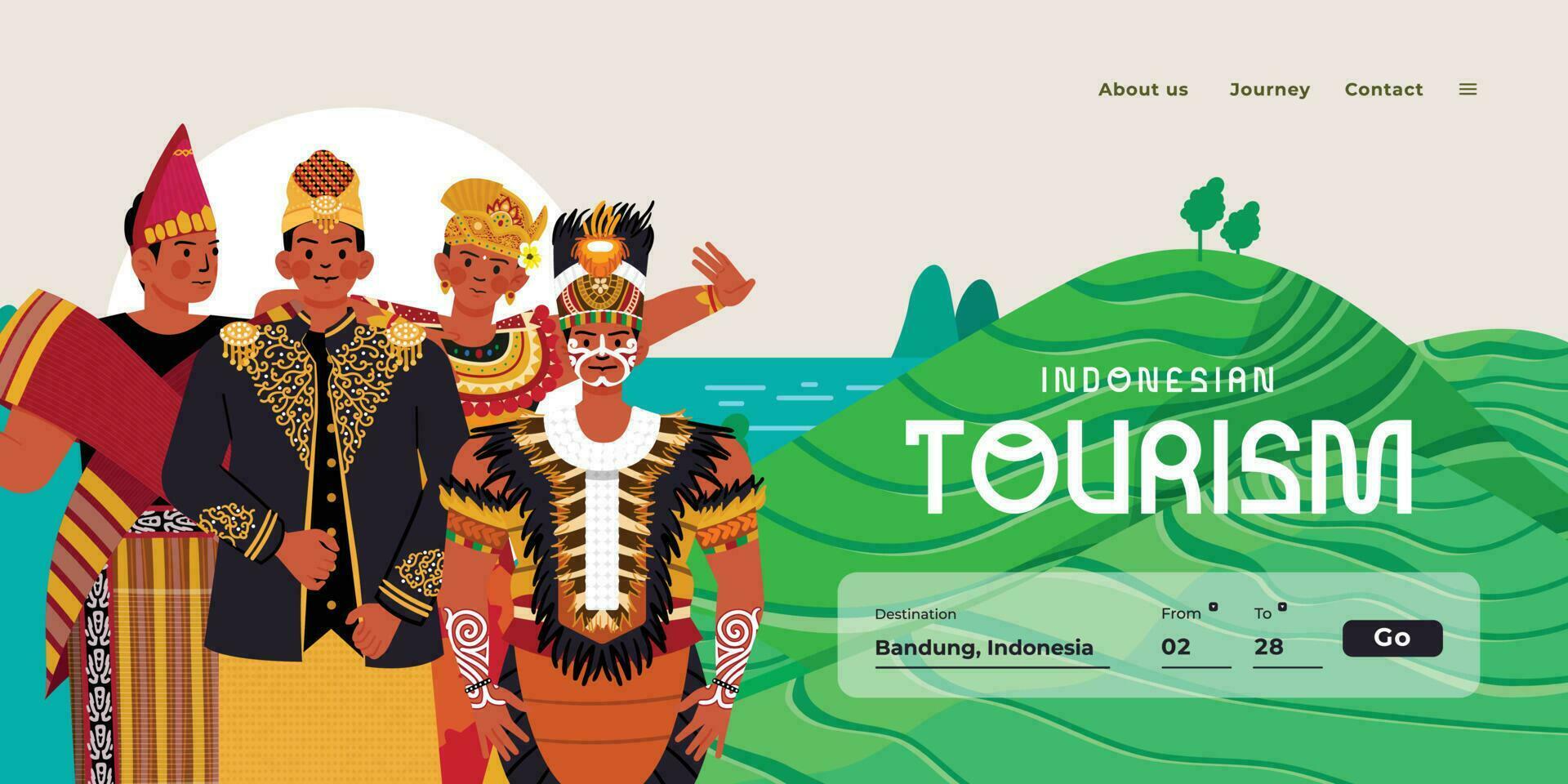 Landung Seite Design Idee Illustration zum Reise Tourismus Unternehmen mit indonesisch Kultur Hochzeit Kleid vektor