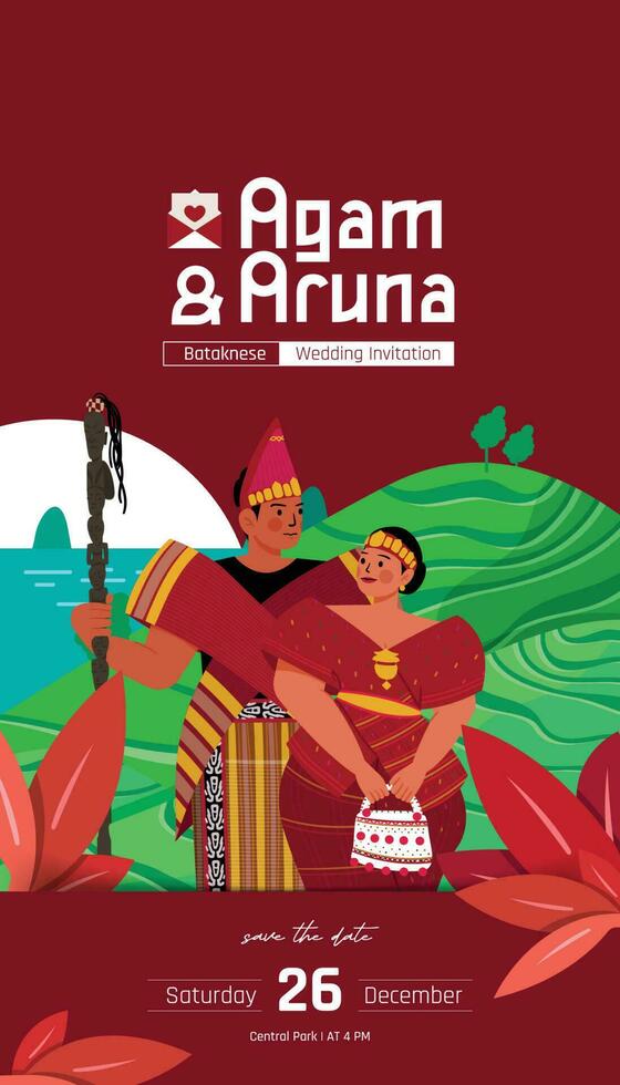 bröllop inbjudan kuvert design med färgrik platt stil indonesiska traditionell klänning illustration vektor