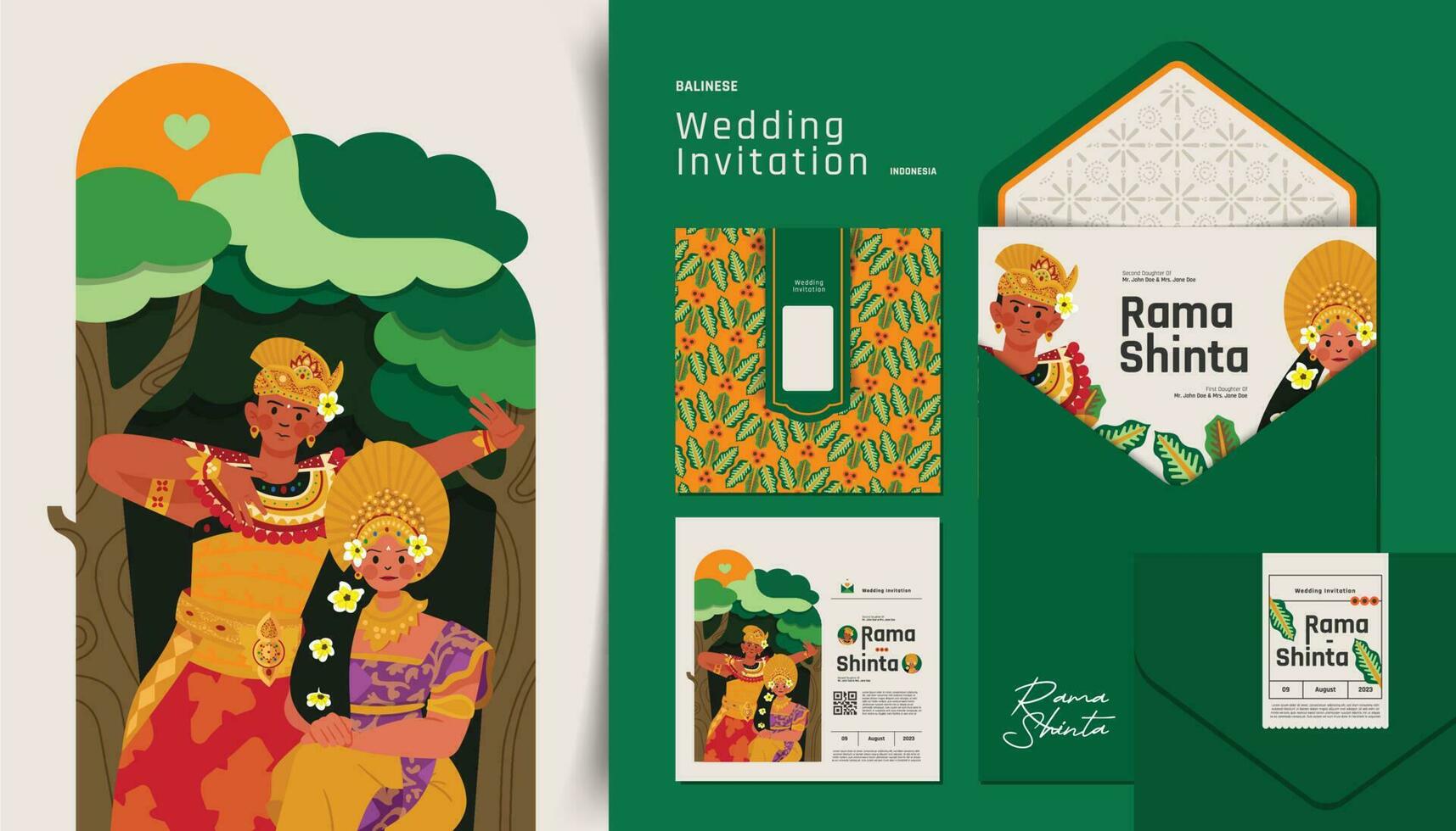 balinesisk indonesiska traditionell bröllop inbjudan med platt färgrik stil design illustration vektor