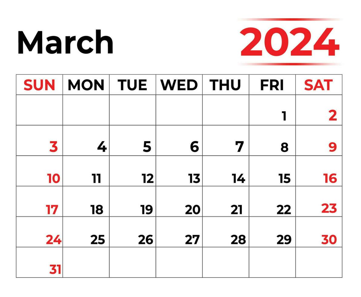 Mars 2024 en gång i månaden kalender med mycket rena se, vecka börjar från söndag vektor