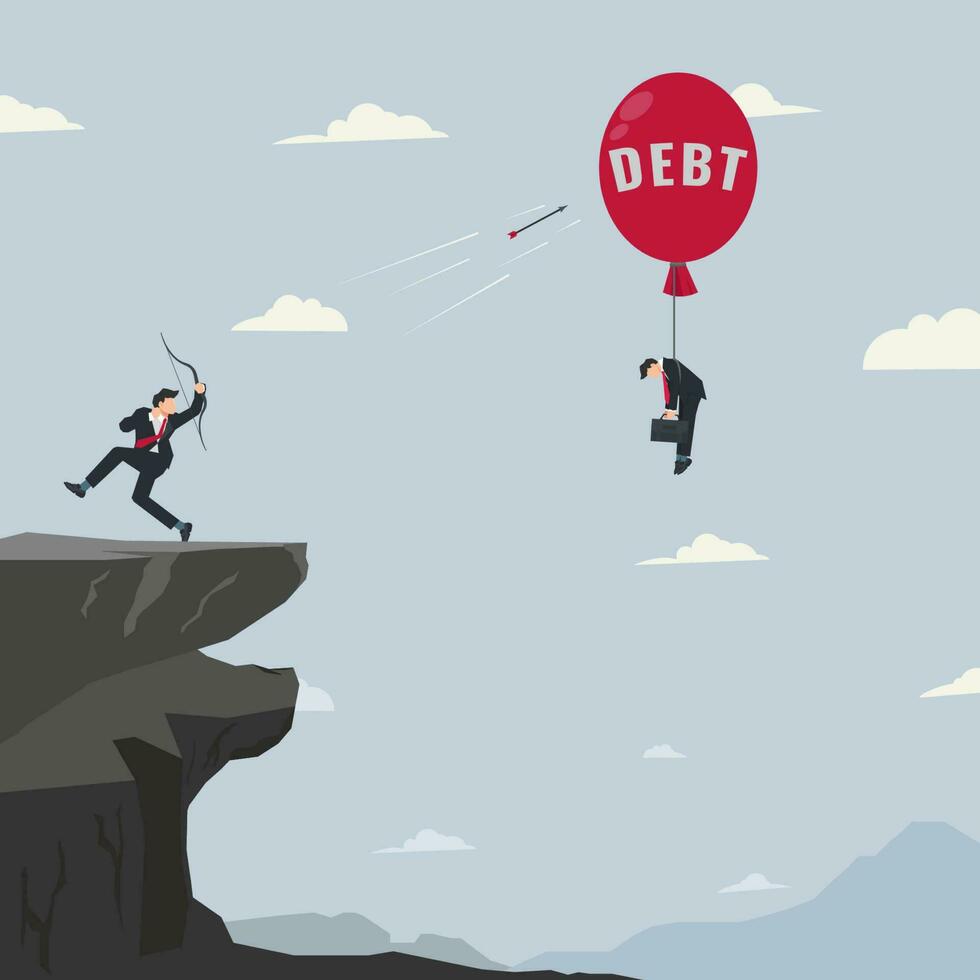 Geschäftsmann Schießen das fliegend Ballon mit das Wort Schulden. sich niederlassen Schulden Konzept Vektor Illustration