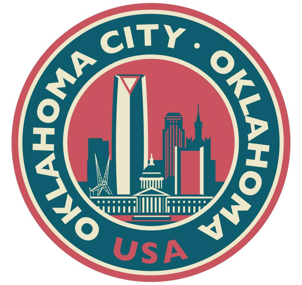 Abzeichen, Etikette oder Briefmarke mit Oklahoma Stadt Horizont, Vektor Illustration
