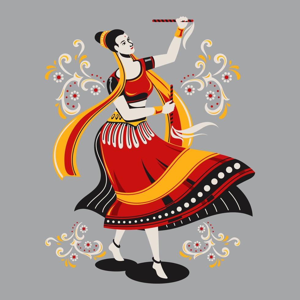Vektordesign der Frau, die Garba-Tanz für dussehra dandiya Nacht während navratri spielt vektor