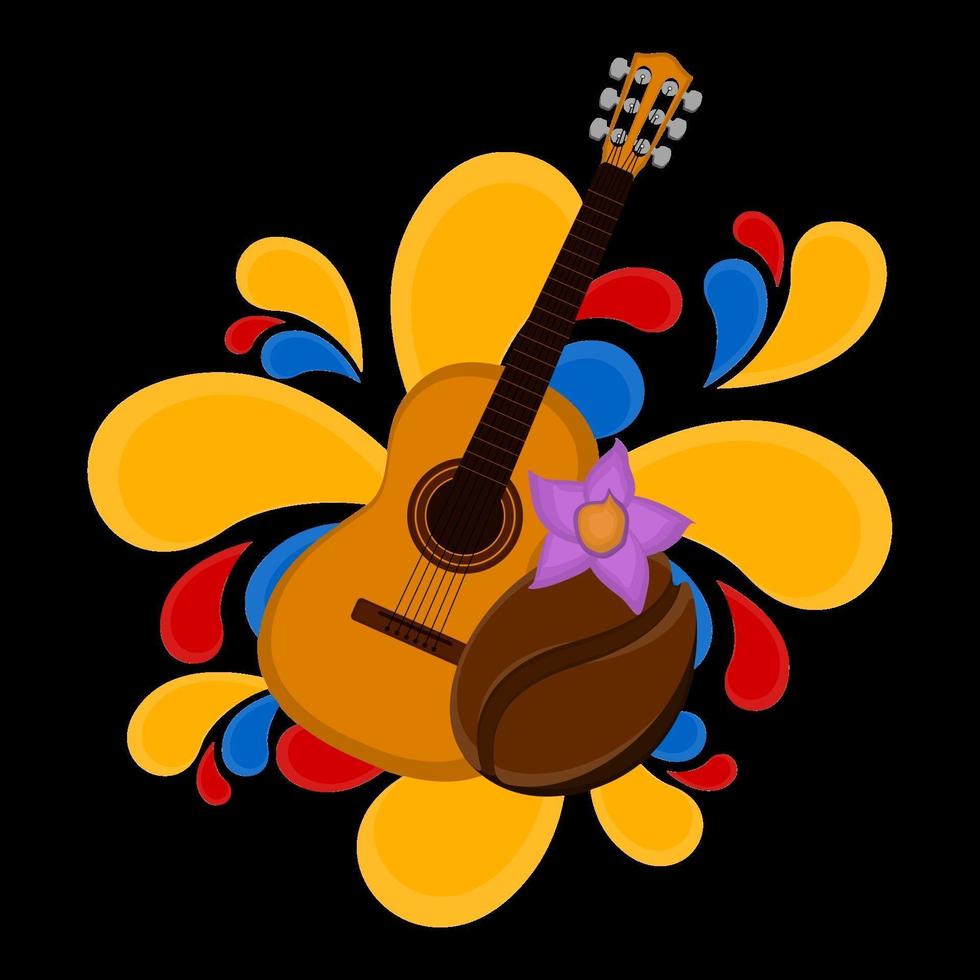 Gitarre mit Kaffeebohne und farbigem Spritzer repräsentatives Bild von Kolumbien vektor