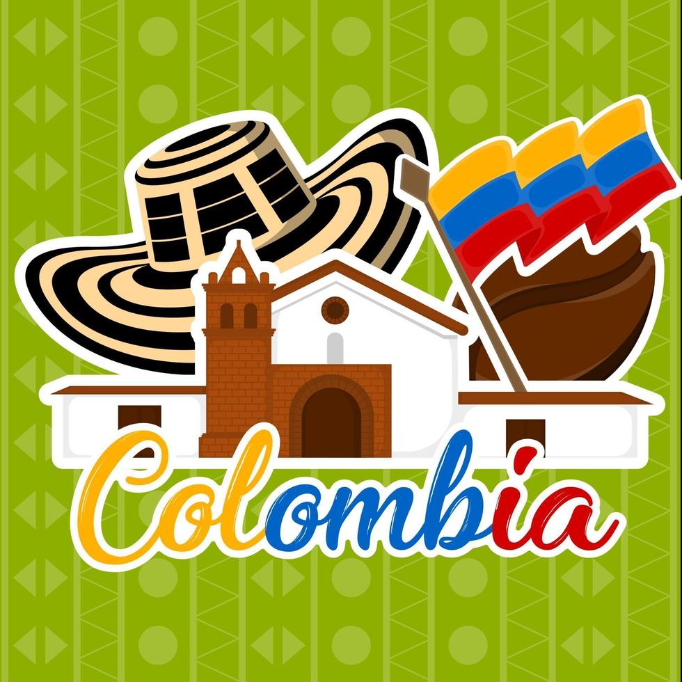 Kirche mit einem Hut Kaffeebohne und Flaggenplakat von Kolumbien vektor