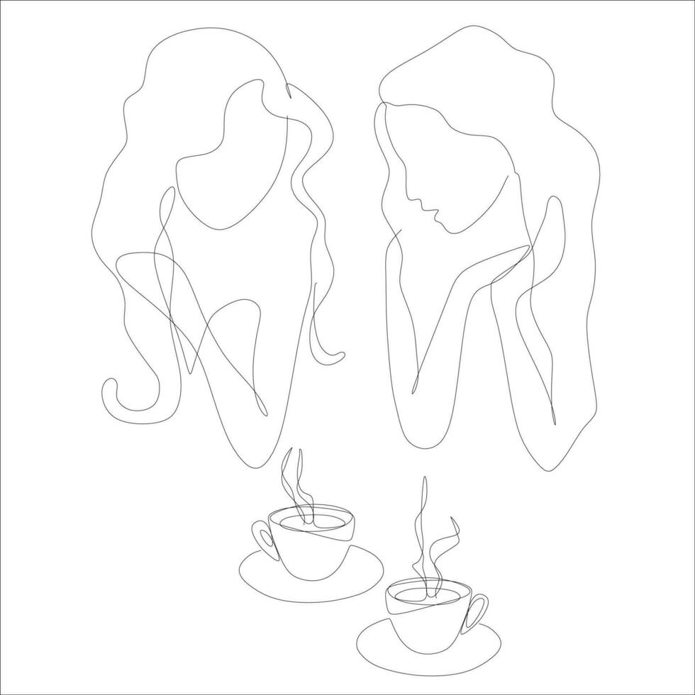 zwei Mädchen reden mit Tasse von Tee Kaffee, lineart Vektor Illustration