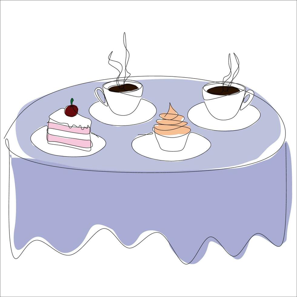 Kaffee Tabelle beim Restaurant, Vektor Linie Kunst Illustration