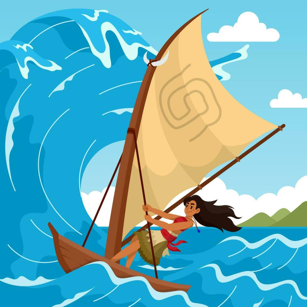 hawaiian flicka segling på en båt vektor