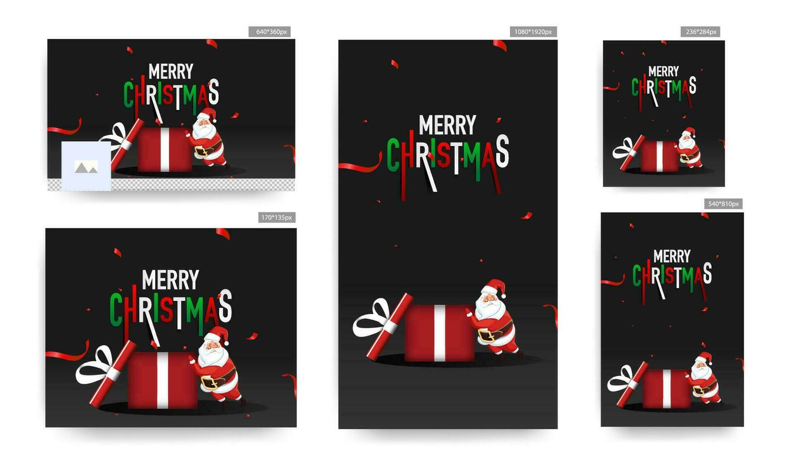 Sozial Medien Poster und Vorlage Design einstellen mit Illustration von Santa claus drücken ein öffnen Geschenk Box auf schwarz Hintergrund zum fröhlich Weihnachten Feier. vektor
