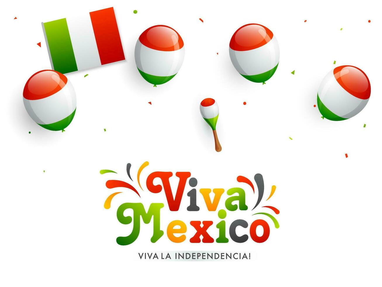 viva Mexiko unabhängig Tag Feier Banner oder Poster Design dekoriert mit Luftballons, Maracas im Mexikaner Flagge Farbe. vektor