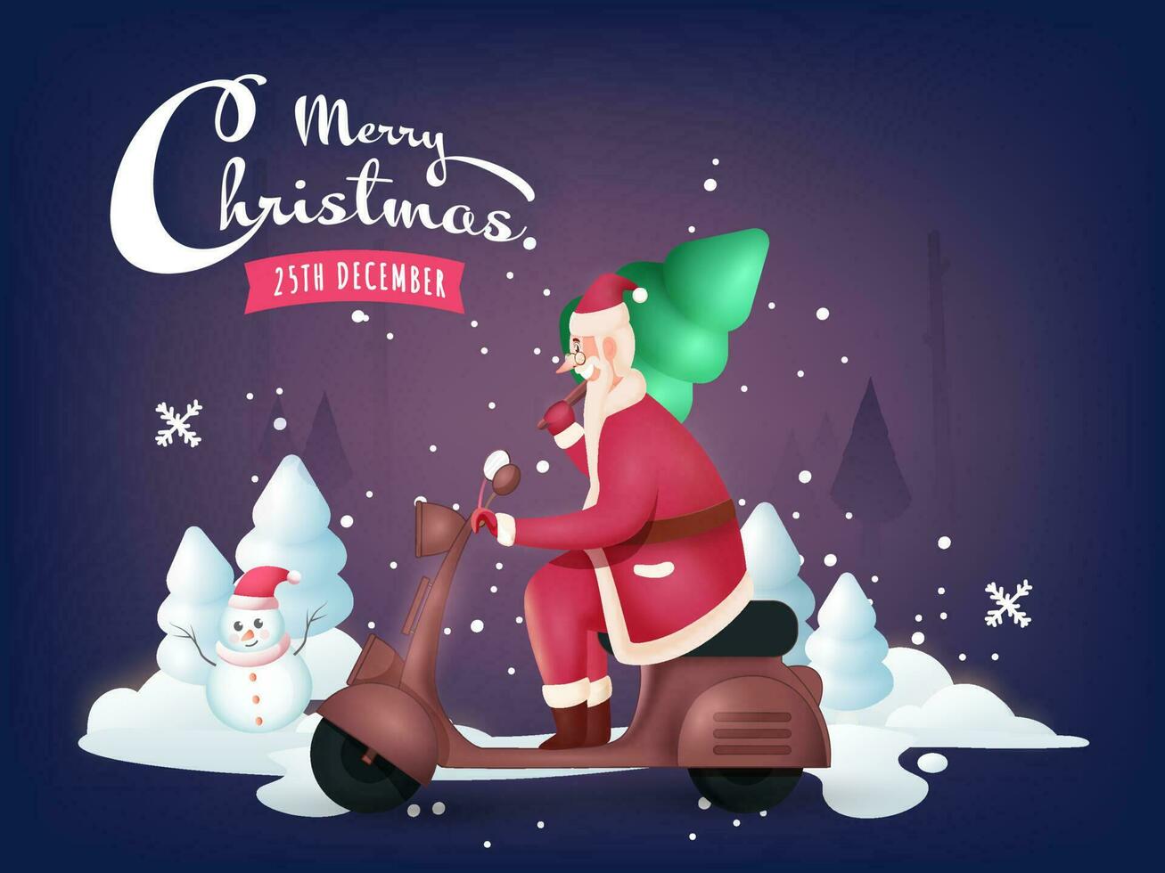 Seite Aussicht von heiter Santa Reiten Roller mit Weihnachten Bäume, Schneemann und Schneefall auf Blau Hintergrund zum fröhlich Weihnachten. vektor