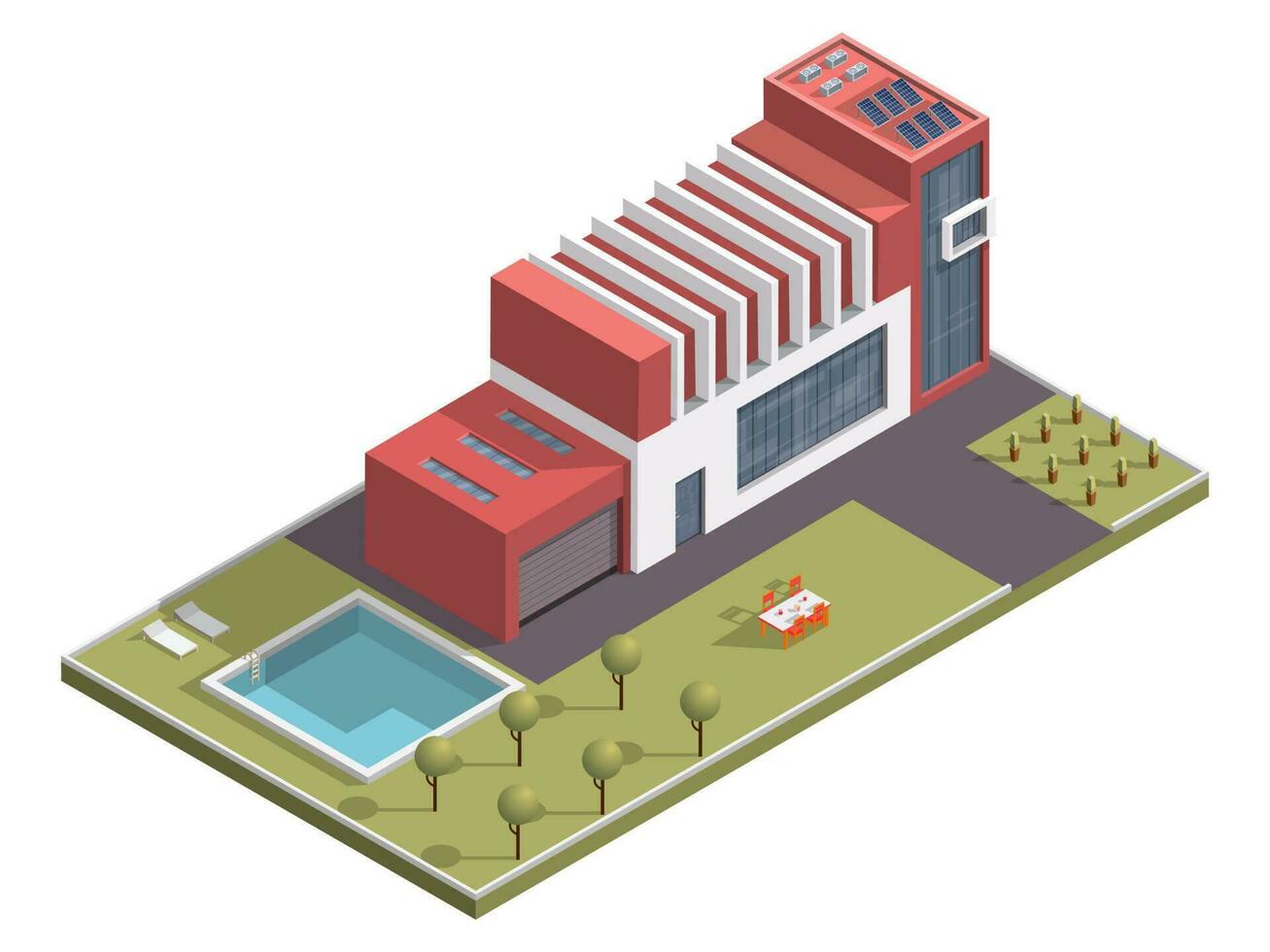 isometrisk byggnad med simning slå samman och dining tabell längs trädgård gård bakgrund. vektor