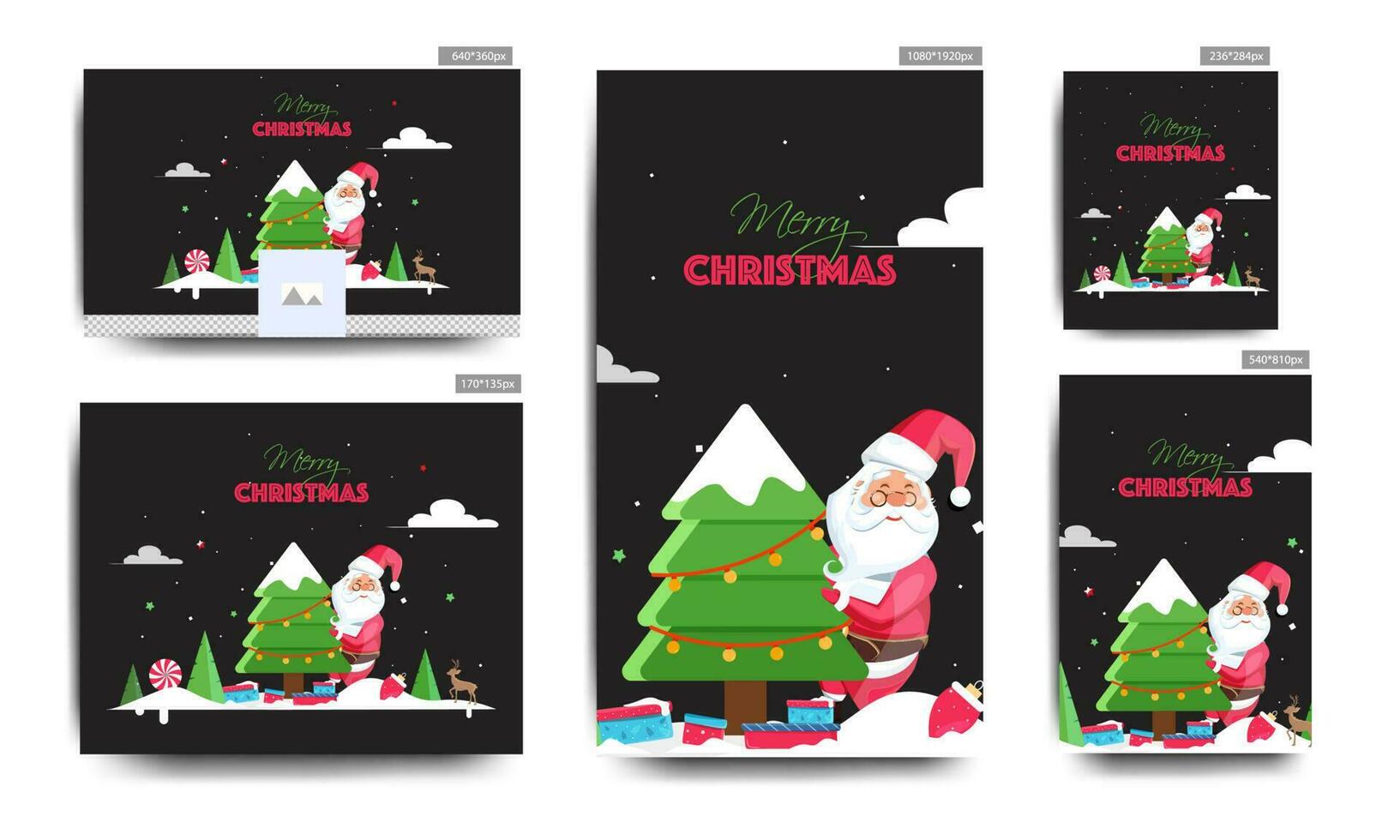 Sozial Medien Poster und Vorlage Design Sammlung mit Illustration von Santa claus halten dekorativ Weihnachten Baum und Geschenk Kisten auf schwarz Hintergrund zum fröhlich Weihnachten Feier. vektor