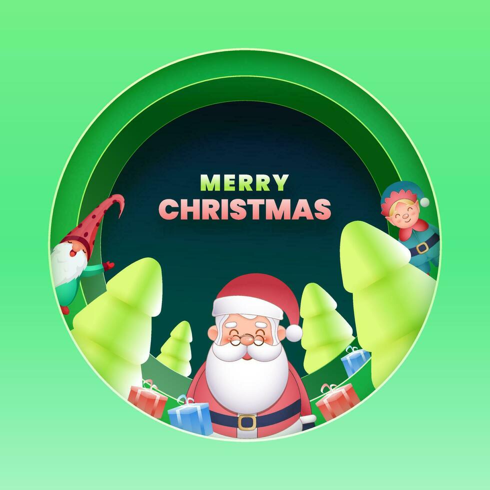 grön cirkel papper skära bakgrund dekorerad med 3d snö xmas träd, gåva lådor, tecknad serie santa claus, gnome och älva karaktär för glad jul. vektor