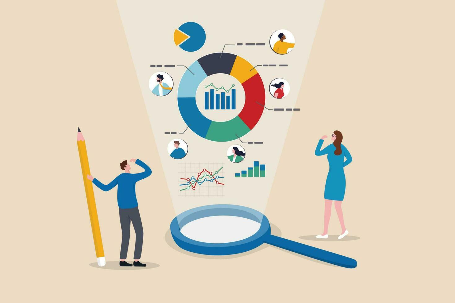 Markt Forschung, Marketing oder Werbung Umfrage zu starten Produkt, Wettbewerber Forschung oder Sozial Medien Bericht Marketing Bericht Konzept, Geschäft Menschen aussehen beim vergrößern Markt Daten Diagramm und Graph. vektor