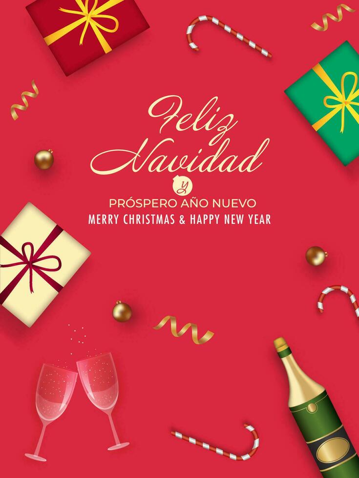 glad jul och Lycklig ny år skriven spanska språk med topp se gåva lådor, champagne flaska och Skål glasögon på röd bakgrund. vektor