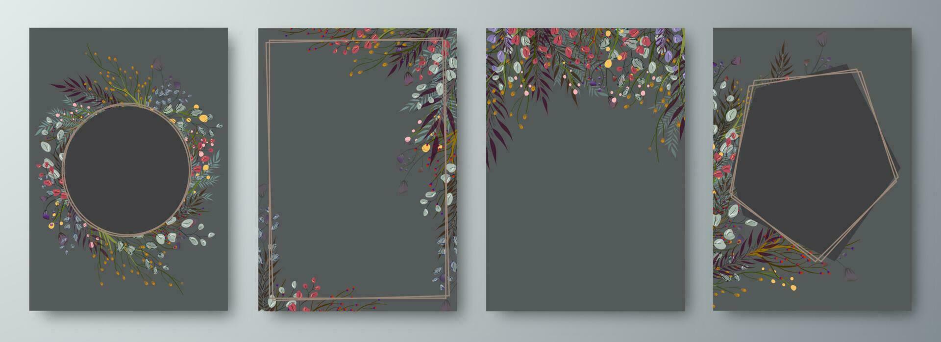 uppsättning av fyra inbjudan eller hälsning kort design dekorerad med blommor. vektor